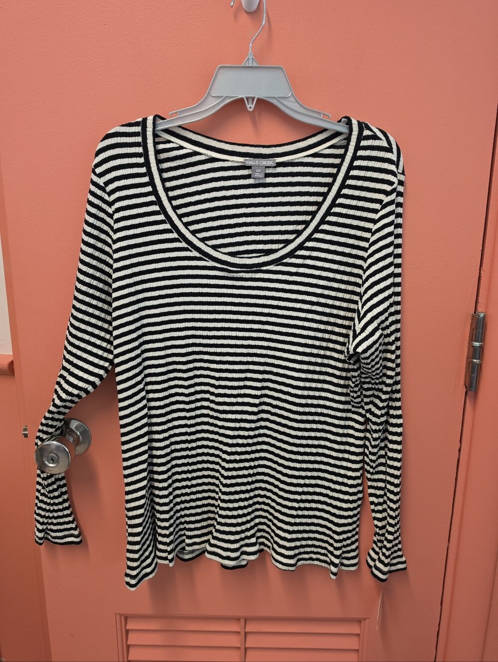 NWT Falls Creek Women's 2X Black & White Striped Scoop Neck Long Sleeve Rib Tee